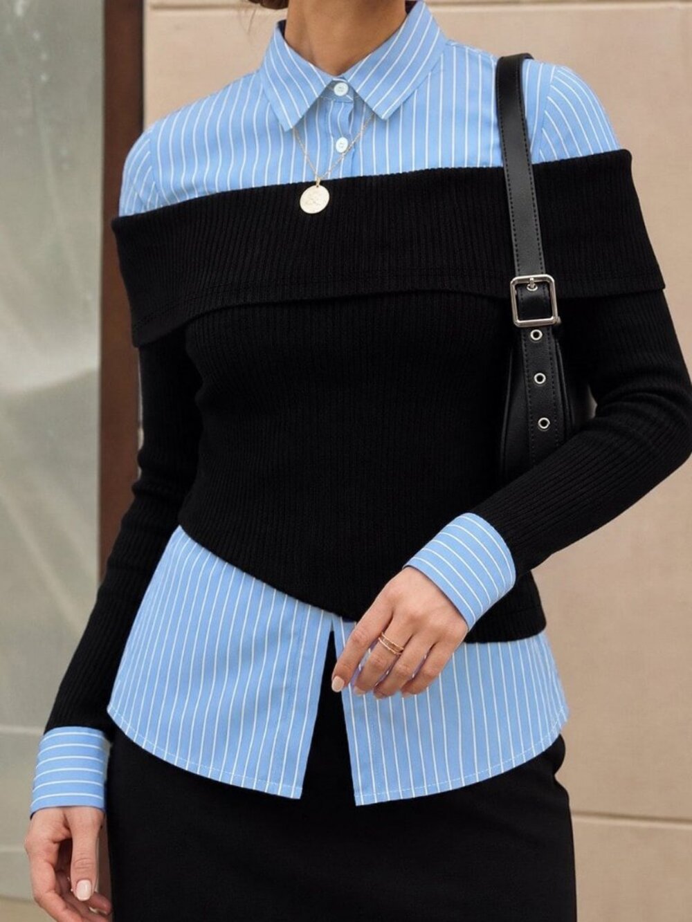 Blue & Black Casual Women's Rib-Knit Off-Shoulder Split Sleeve Shirt